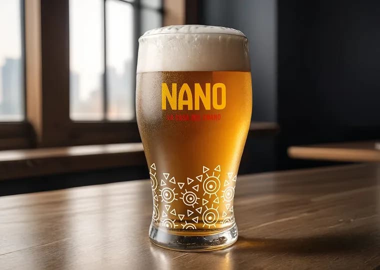 הדמיה של כוס בירה עם לוגו NANO בצהוב ודפוס גיאומטרי לבן, על שולחן עץ ליד חלון