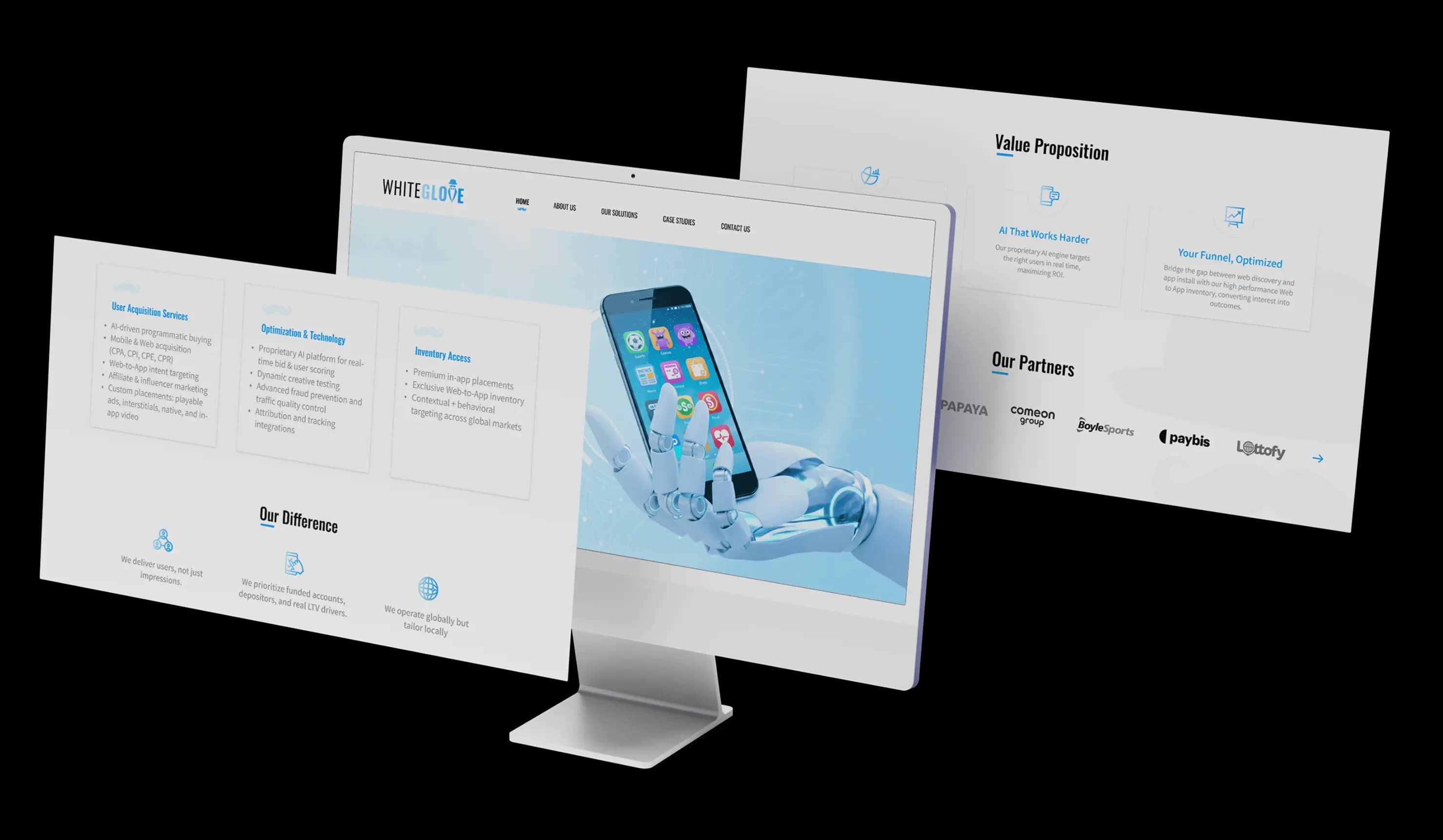 אתר White Glove Media במסך מחשב: יד רובוטית מחזיקה טלפון, כרטיסי שירותים ורצועת שותפים